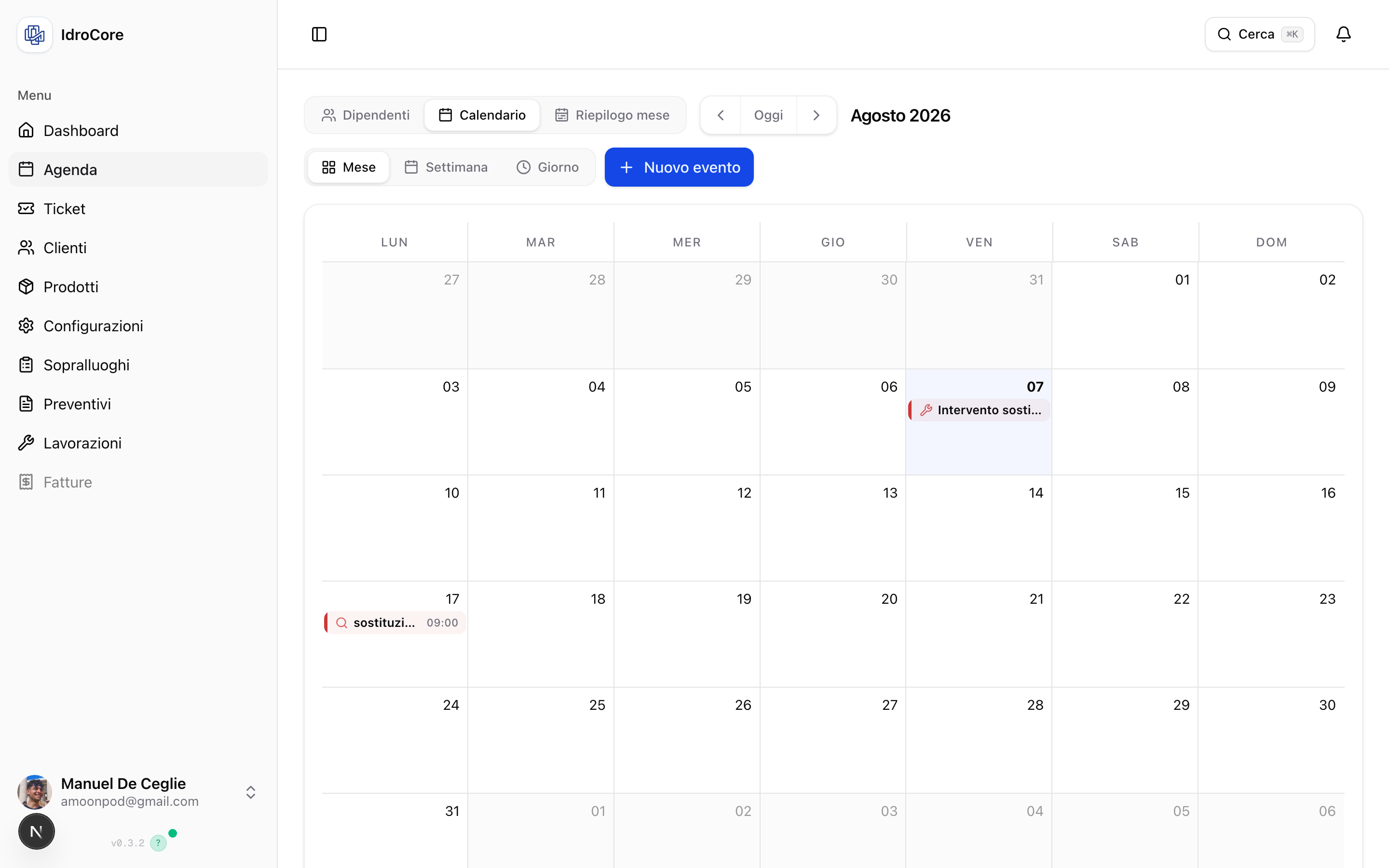 L'agenda di IdroCore con la vista calendario del mese